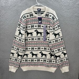 Lands End Sweater Adult XXL Multicolor Fair Isle Knit Crewneck Geometric Dog NEW